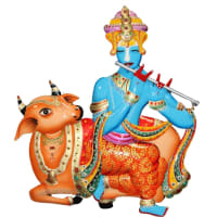 Metal hand painted Divine Decor Krishna with Cow Wall Art Perfect For Wall decor