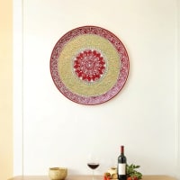 Handcrafted Wooden Decorative Plate with Brass Carving, 30 cm Diameter, Red and Gold for Pooja Room -Wall Decor pilets