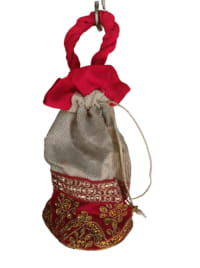 Red and Gold Embroidered Drawstring Jute Bag