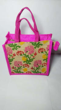 Pink Floral Jute Tote Bag