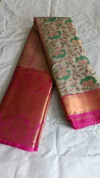 Green and Pink Floral Saree  5.5 meters with combined blouse