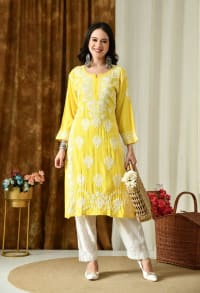 Sunshine Yellow Modal Hand-Embroidered Chikankari Kurta with Elegant White Floral Design