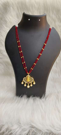 Traditional Indian Gold Plated Temple Pendant Necklace Set with Red Beads