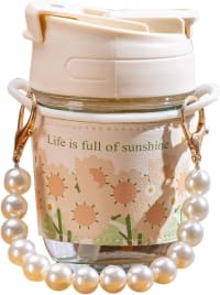 Glass Coffee Mugs with Pearl Chain Belt & Sleeve, 250 ML, Reusable Travel Sipper with Double Drink Straw and Lids,Kids Girls Tumbler for Juice Smoothies Milk Cups