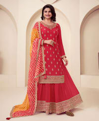 designer red chinon straight suit for women ethnic wear