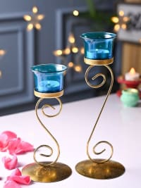 Decorative Gold Metal & Blue Glass Tealight Candle Holders Set