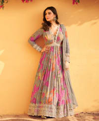 grey floral printed chinon anarkali for women