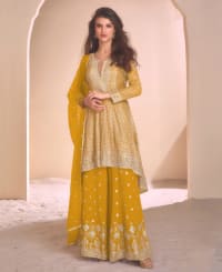 new peach high low style wedding wear georgette salwar suit for women