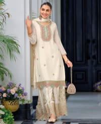 heavy chinon white embroidery worked palazzo suit for women