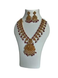 oxidized gold plated temple jewellery haram set with rubies and pearls