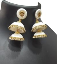 White Silk Thread Jhumka Earrings with Stone and Pearl Embellishment