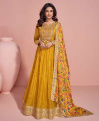 summer special yellow chinon anarkali set for women