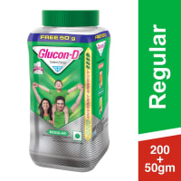 Glucon-D Regular Glucose Powder(200G+50G, Jar)| For Tasty Glucose Drink| Provides Instant Energy| Vitamin D2 Supports Immunity