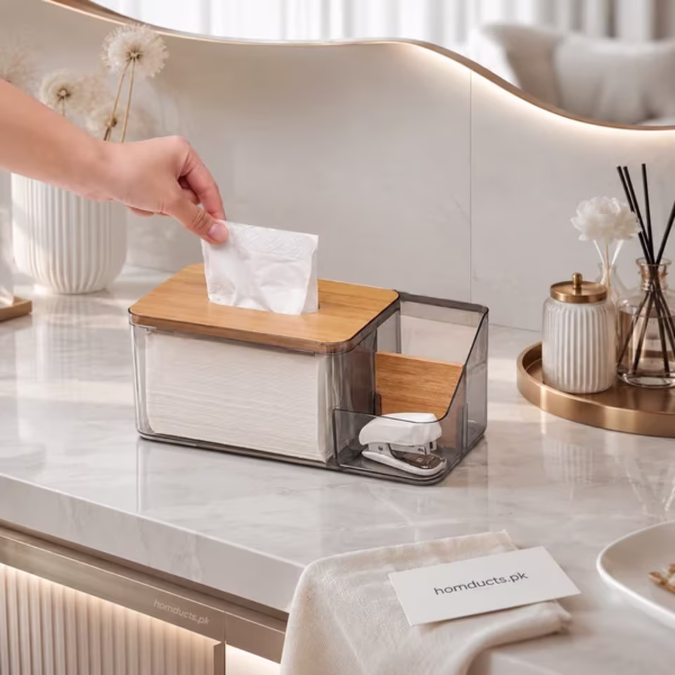Luxury Translucent Grey Desktop Tissue Box & Cosmetic Storage Caddy with Natural Bamboo Lid - View 4