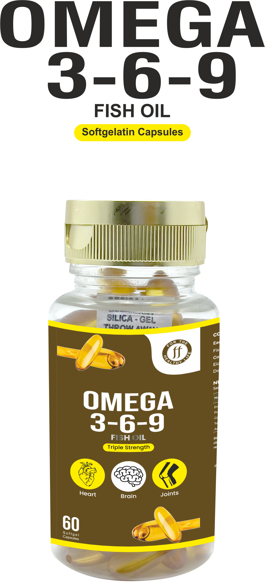 Omega 3-6-9 fish oil softgel bottle
