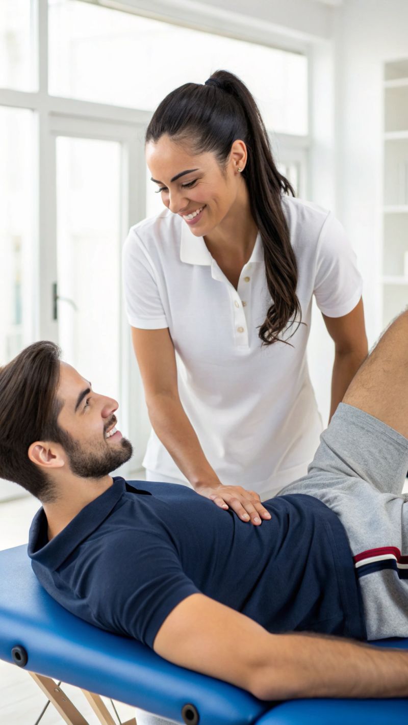 Physiotherapeutin führt manuelle Therapie an der Wirbelsäule eines Patienten durch, zeigt präzise Handgriffe zur Mobilisation und Schmerzlinderung