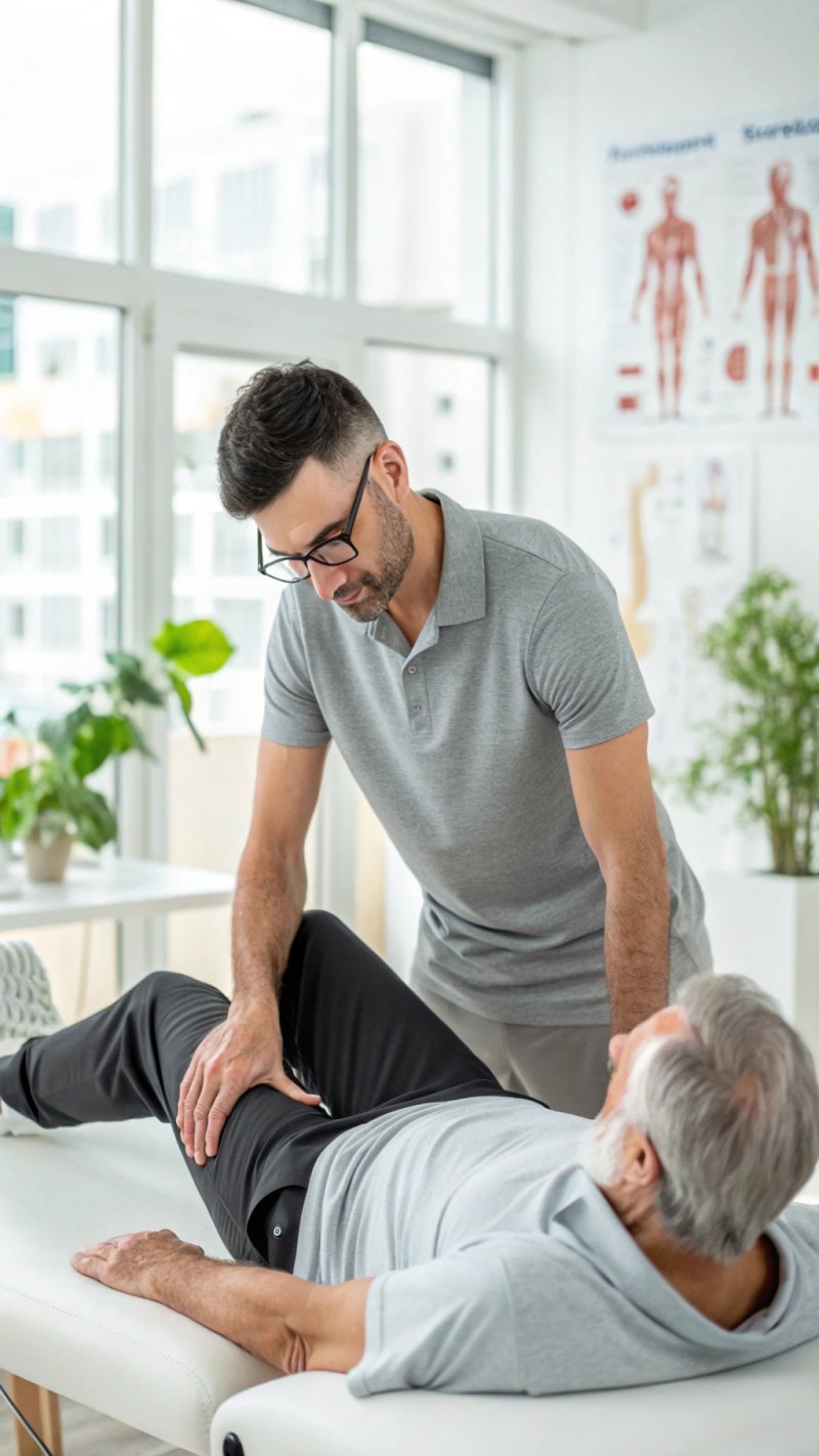 Physiotherapist performing neurophysiological therapeutic exercise with a patient, focusing on improving neurological function and movement patterns