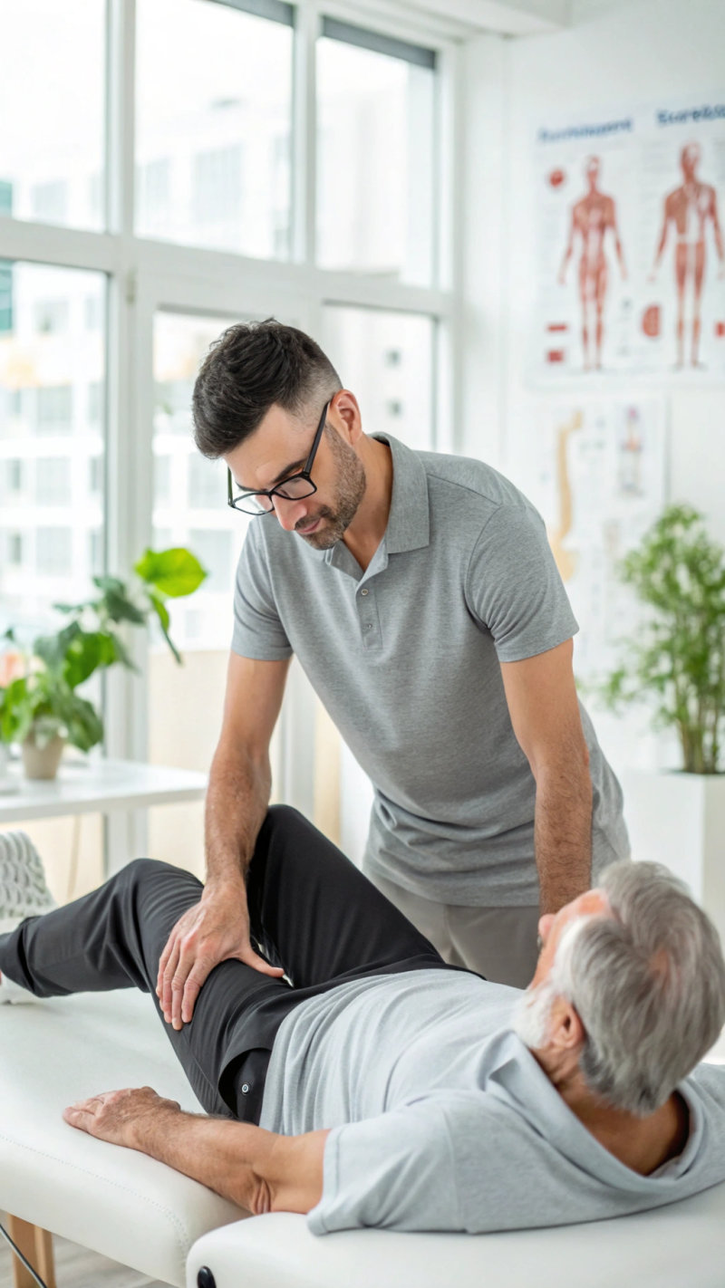 Physiotherapeut erklärt Behandlungsablauf und führt professionelle Therapie durch