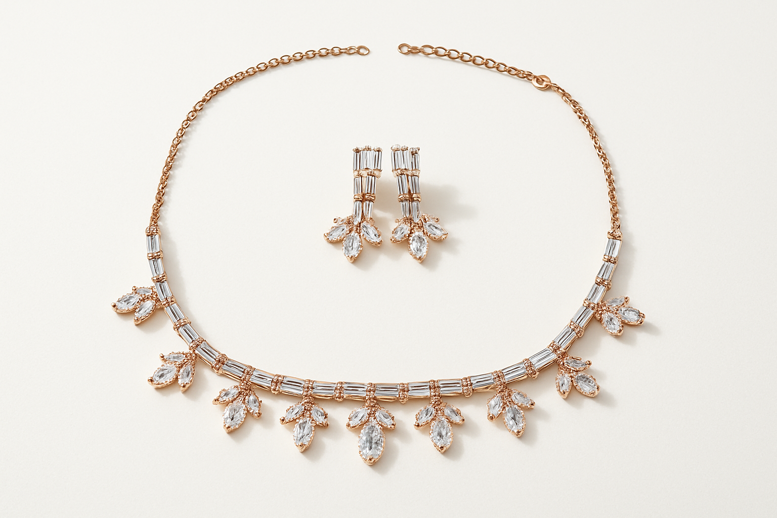 Rose Gold Diamond-Cut Necklace & Earrings Set for Women | Elegant Floral Design | Party, Wedding & Festive Wear Jewelry