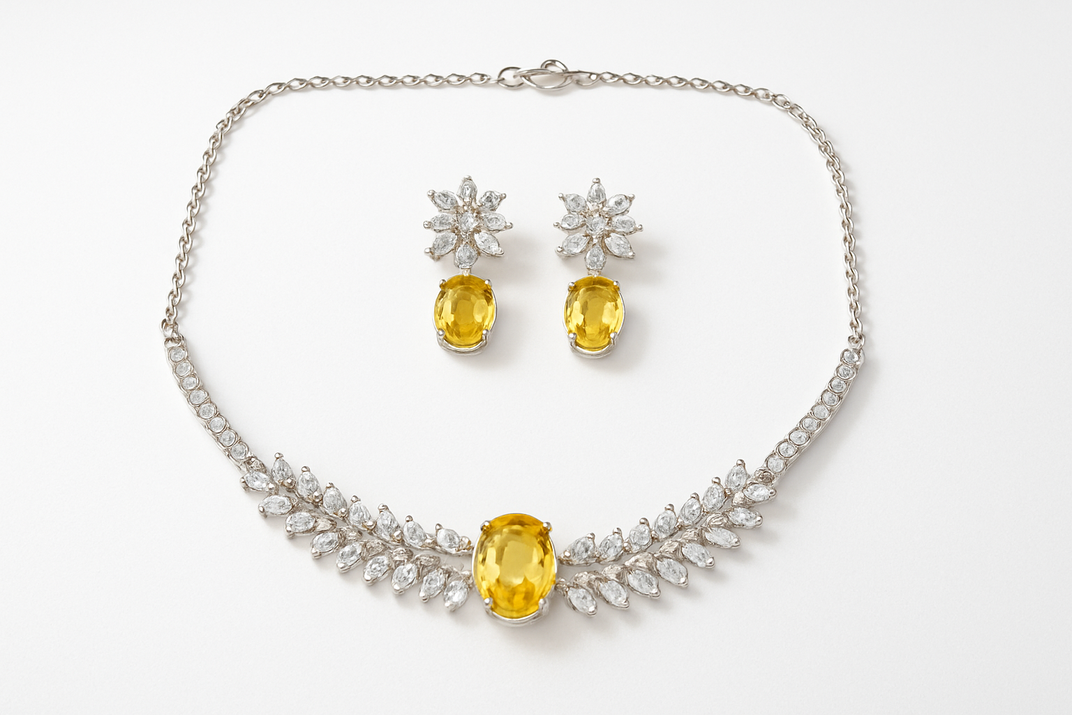 Premium Yellow Stone Necklace Set with Earrings for Women | Silver-Tone Bridal & Party Wear Jewelry Set