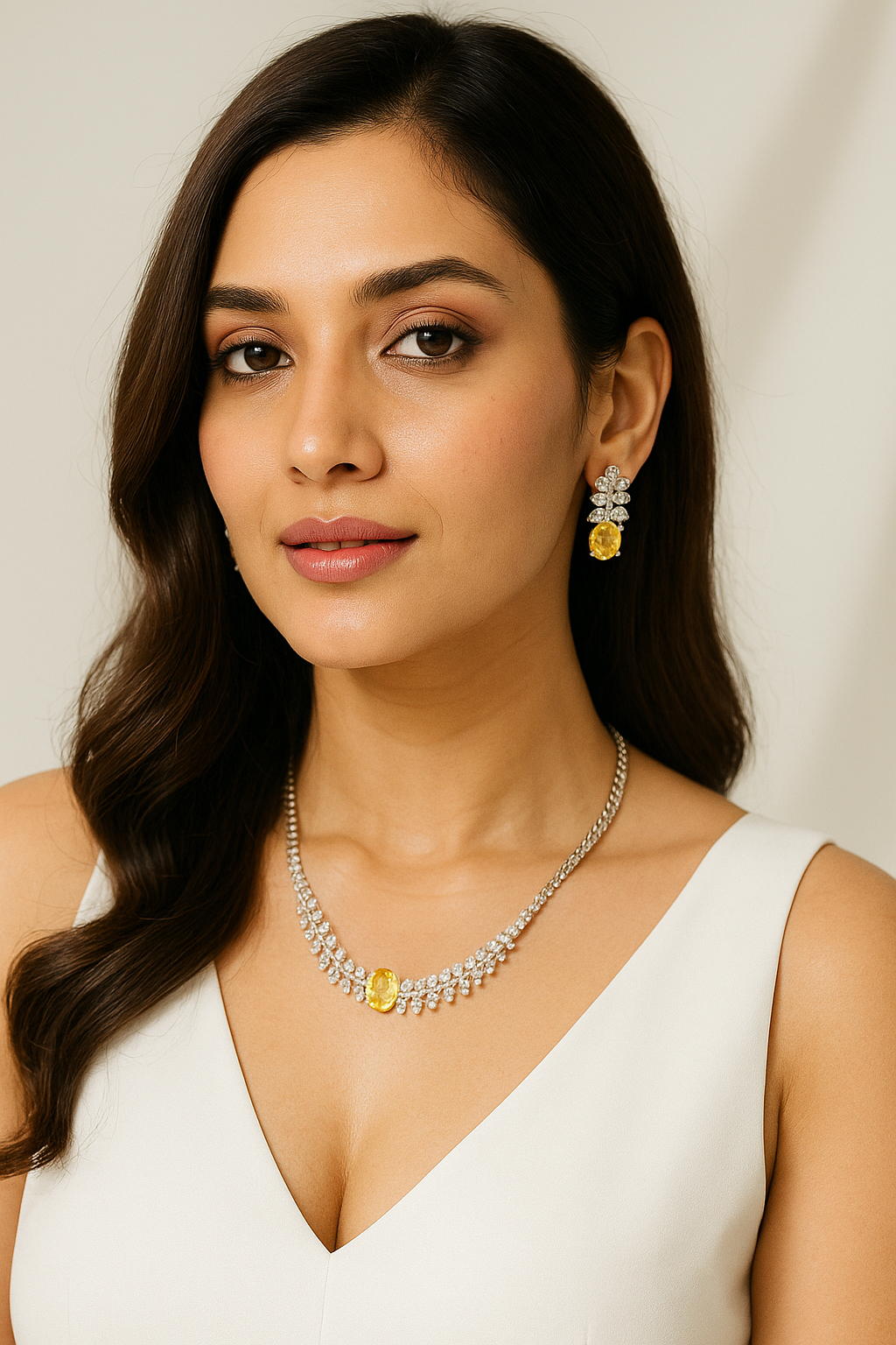 Premium Yellow Stone Necklace Set with Earrings for Women | Silver-Tone Bridal & Party Wear Jewelry Set view 2