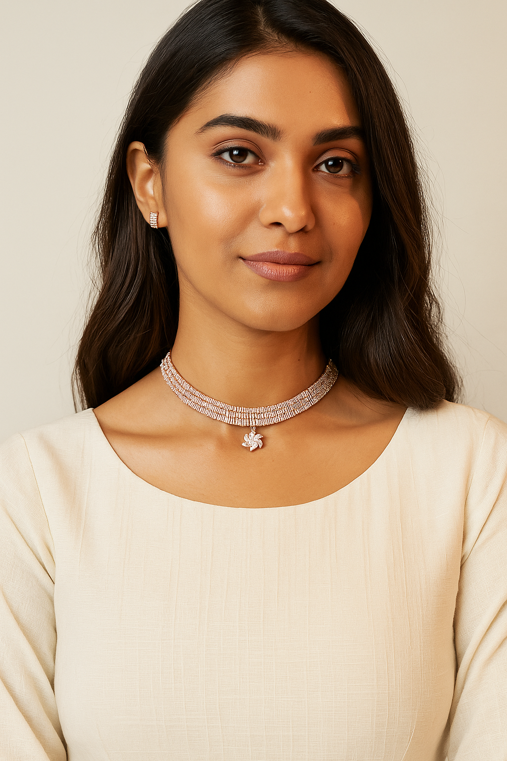 Elegant Rose Gold Plated Choker Necklace Set with Crystal Flower Pendant & Stud Earrings view 2