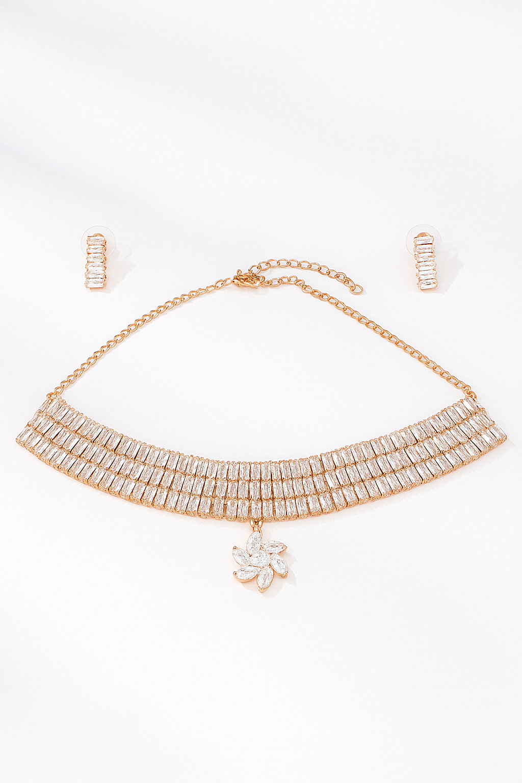 Elegant Rose Gold Plated Choker Necklace Set with Crystal Flower Pendant & Stud Earrings