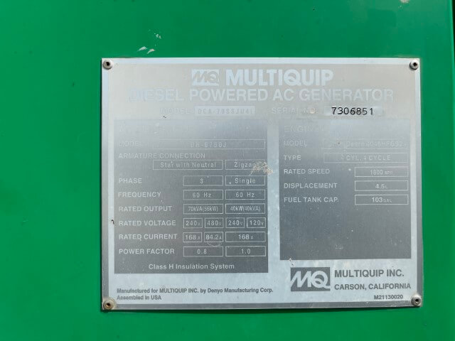 2014 Multiquip DCA70SSJU4I Trailer Mounted Diesel Generator - Image 9