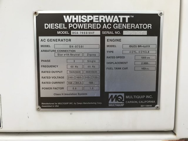 2017 Multiquip DCA70SSIU4F Trailer Mounted Diesel Generator - Image 7
