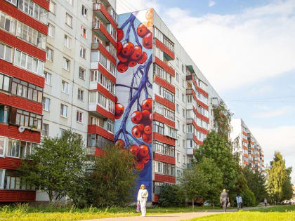 Западный микрорайон Великого Новгорода украсил мурал с веткой рябины
