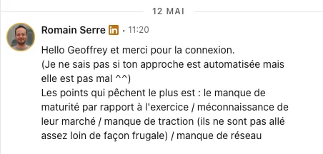 Conversation LinkedIn ouverte par Cyrano, réponse du prospect