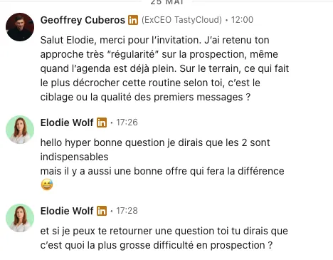 Conversation LinkedIn ouverte par Cyrano, réponse du prospect