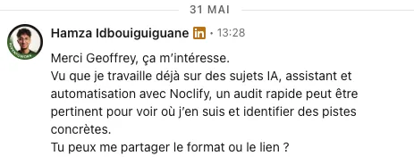 Conversation LinkedIn ouverte par Cyrano, réponse du prospect