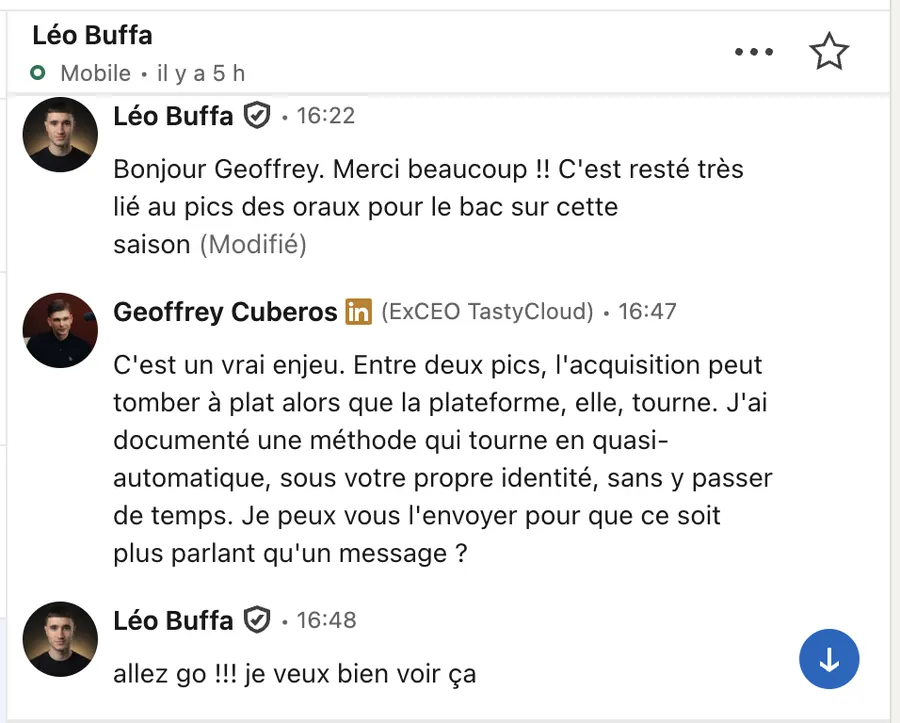 Conversation LinkedIn ouverte par Cyrano, réponse du prospect