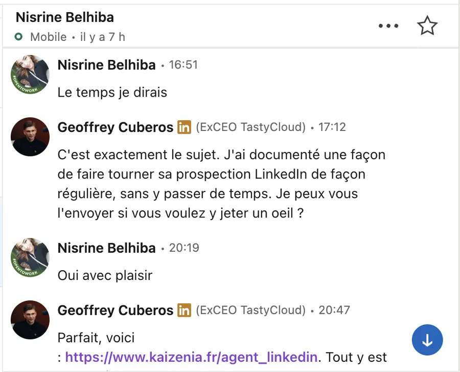 Conversation LinkedIn ouverte par Cyrano, réponse du prospect