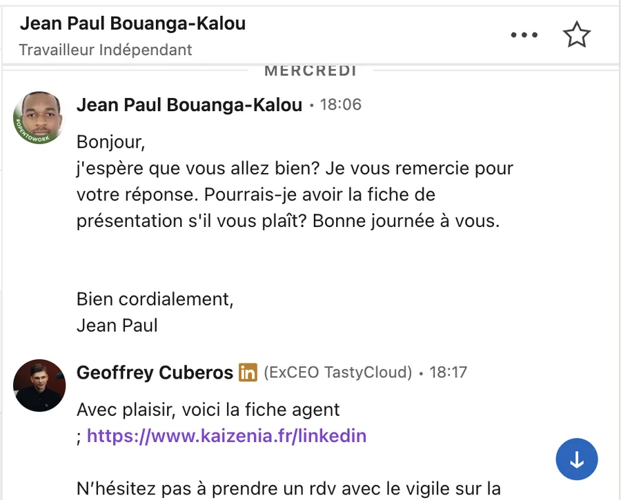 Conversation LinkedIn ouverte par Cyrano, réponse du prospect