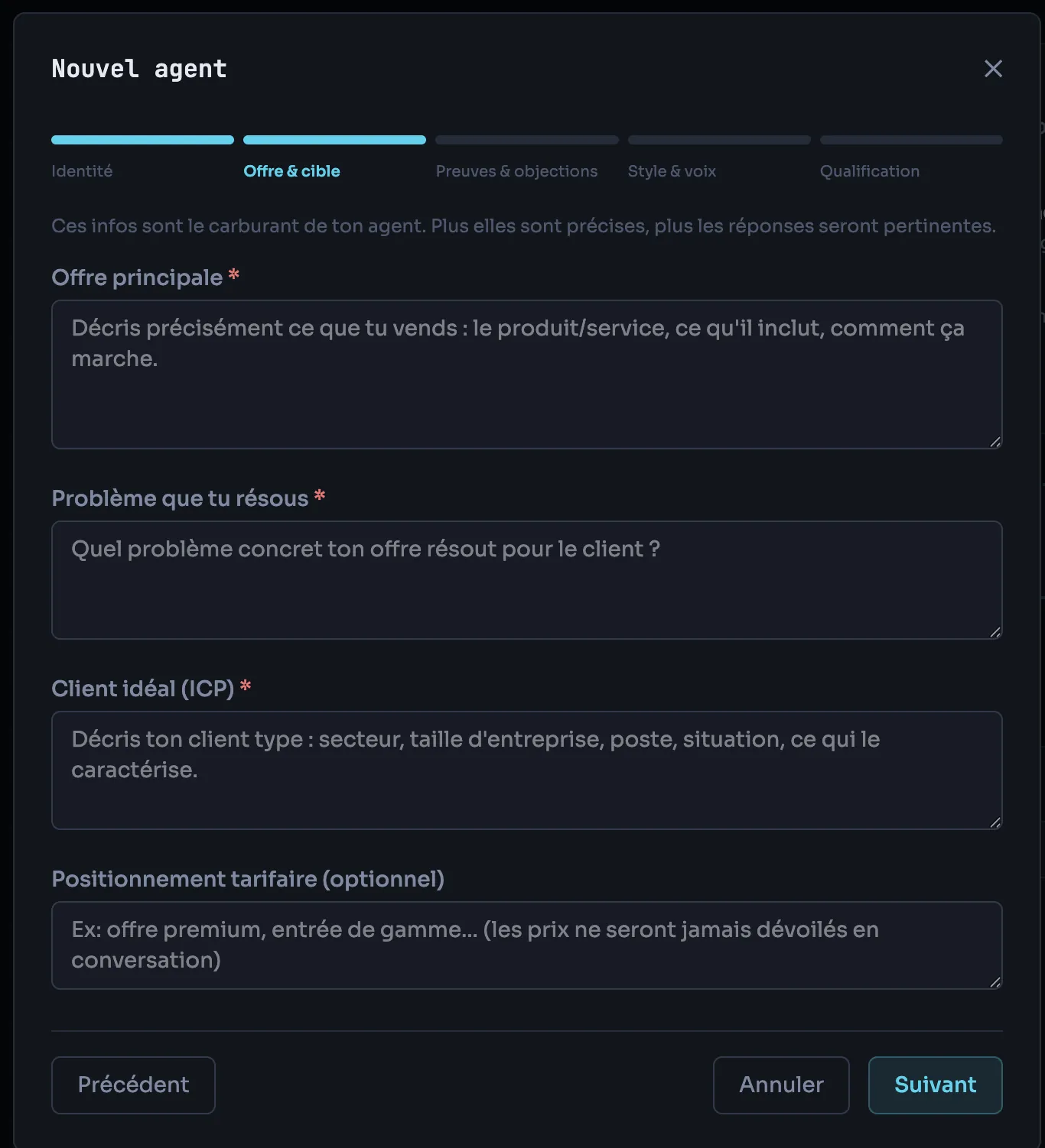 Écran de création d'un agent : réglage du ton et simulateur de message sur un profil réel