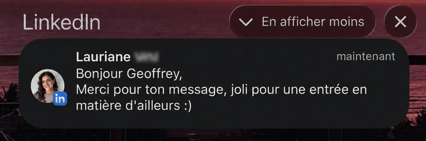 Notification LinkedIn : réponse reçue à un premier message envoyé par Cyrano