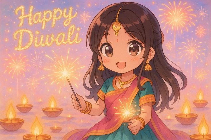 Diwali Anime Blast — Chibi Diyas & Rocket Finale - Eid Mubarak 2026 & Festival Greeting Card Templates