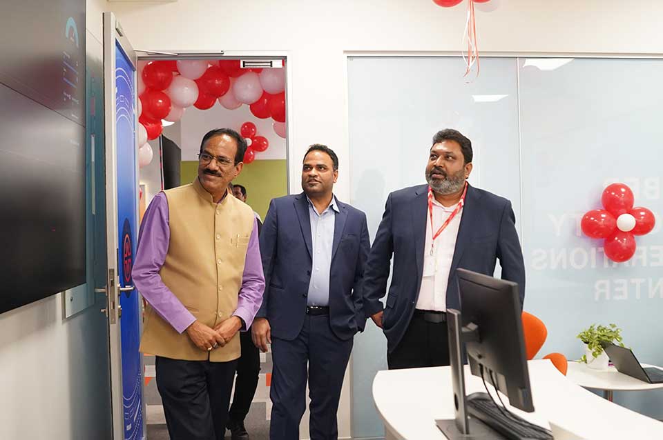 Dr. Sriram Birudavolu, Mr. Sushil Madhukar and Mr. Sri Patibandla at the launch of TechDemocracy's CSOC in Hyderabad, India