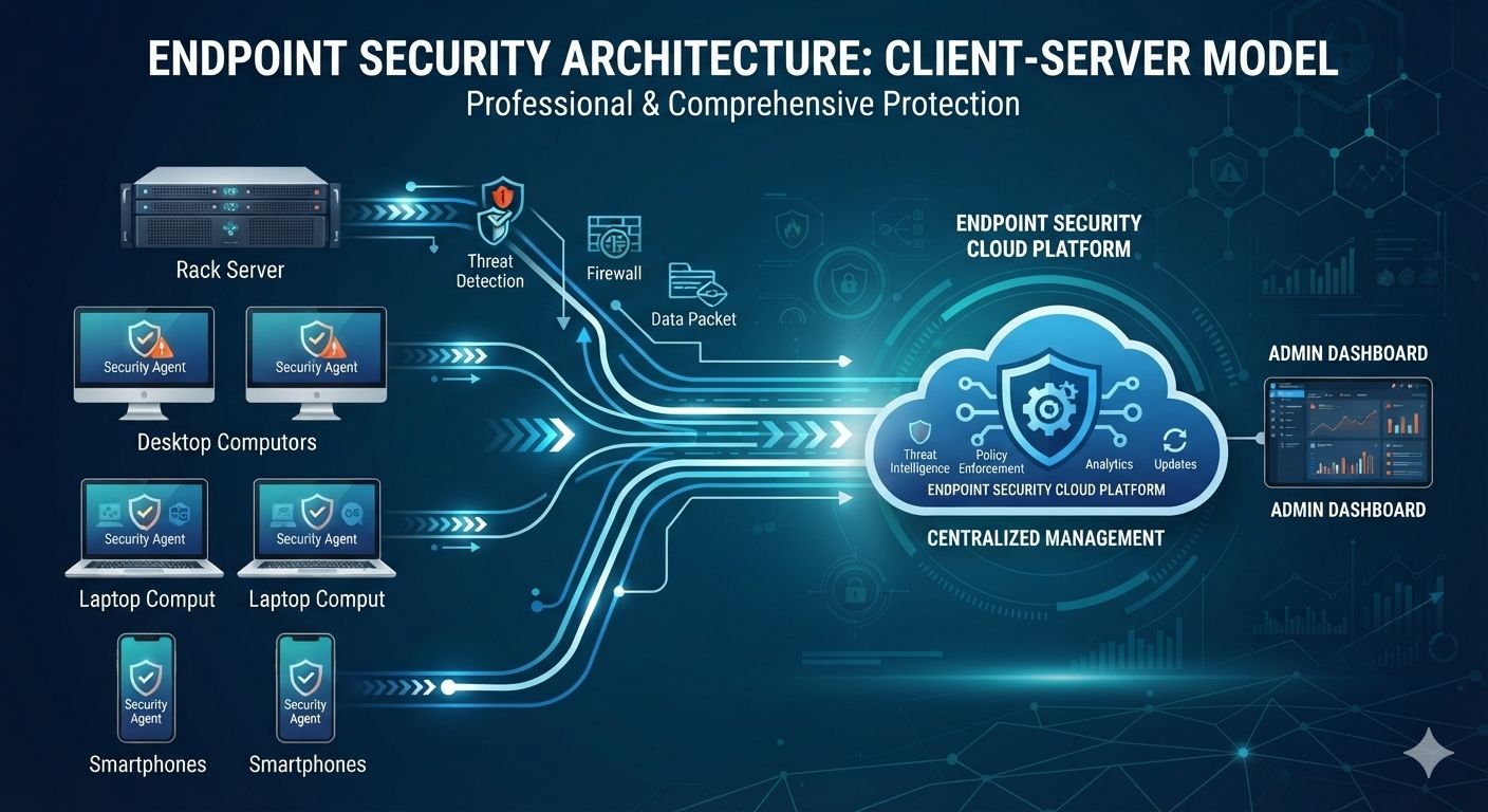 Infographic of Endpoint Security Architecture Visualize the client-server architecture showing agents on endpoints communicating with a centralized cloud console.