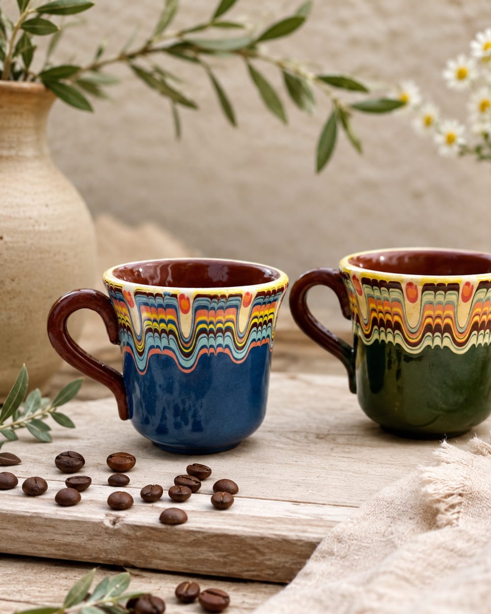 Blue glazed ceramic espresso cup with flowing folk-inspired pattern in deep blue, terracotta and cream, 132ml