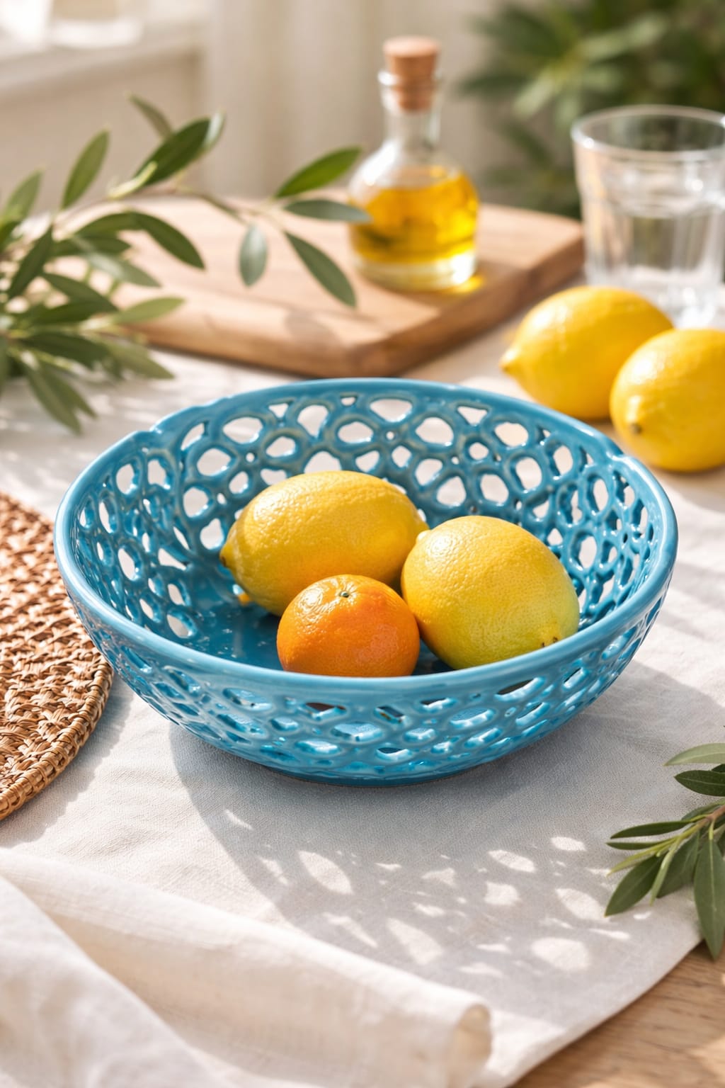 Turquoise blue ceramic fruit bowl with intricate openwork floral design and vibrant glossy glaze