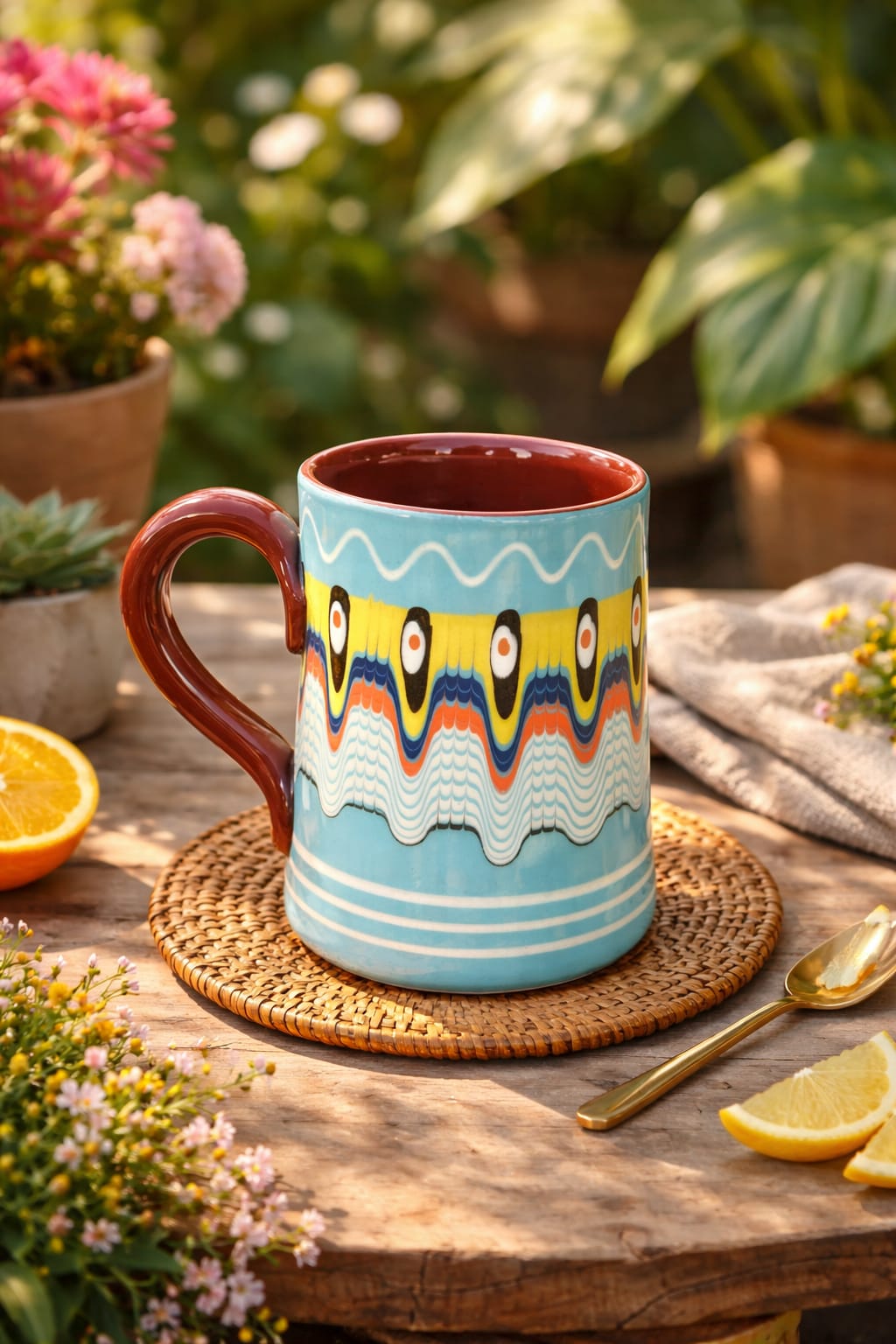Large ceramic beer tankard with hand-painted Thracian-inspired blue pattern on cream body, single handle, 560ml
