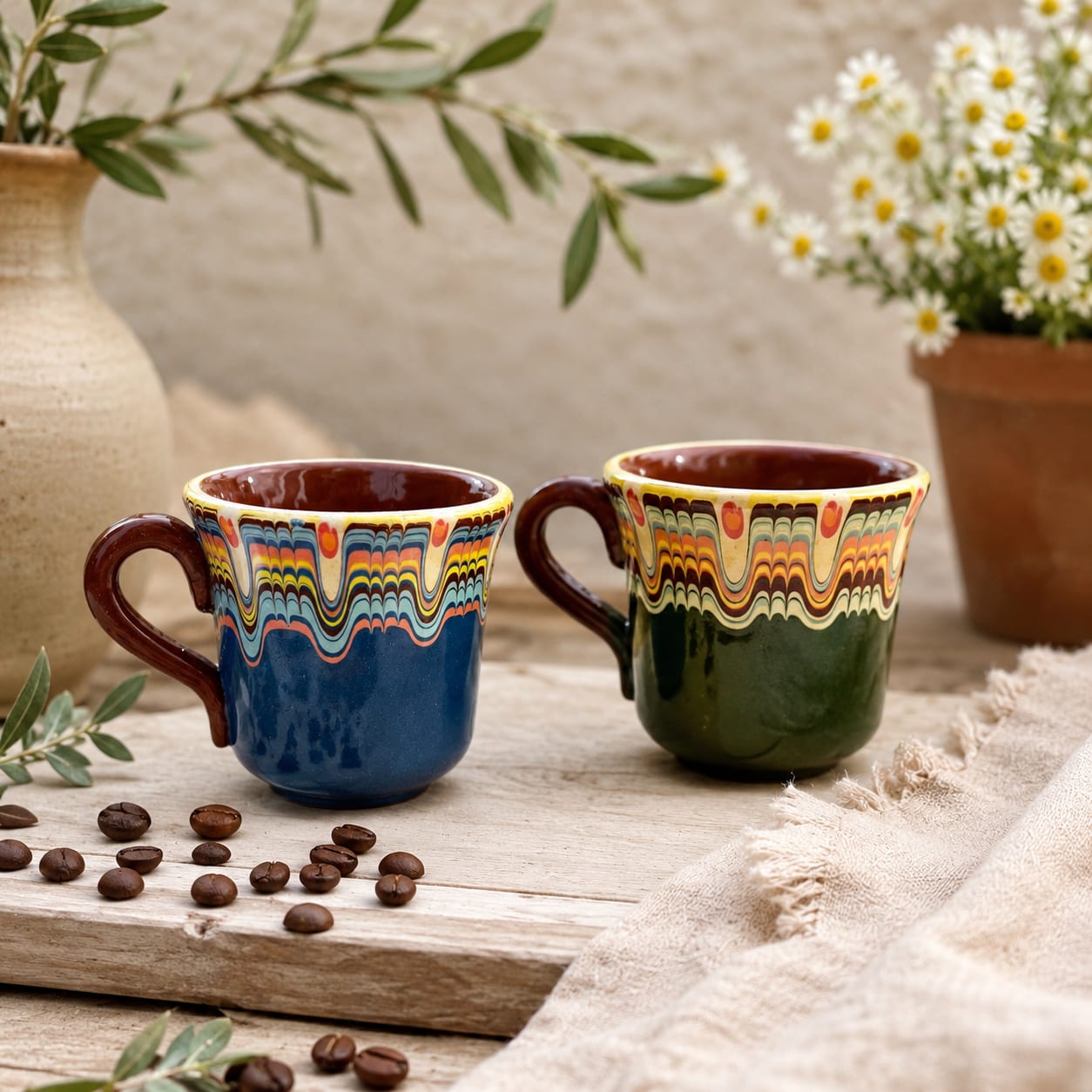 Blue glazed ceramic espresso cup with flowing folk-inspired pattern in deep blue, terracotta and cream, 132ml