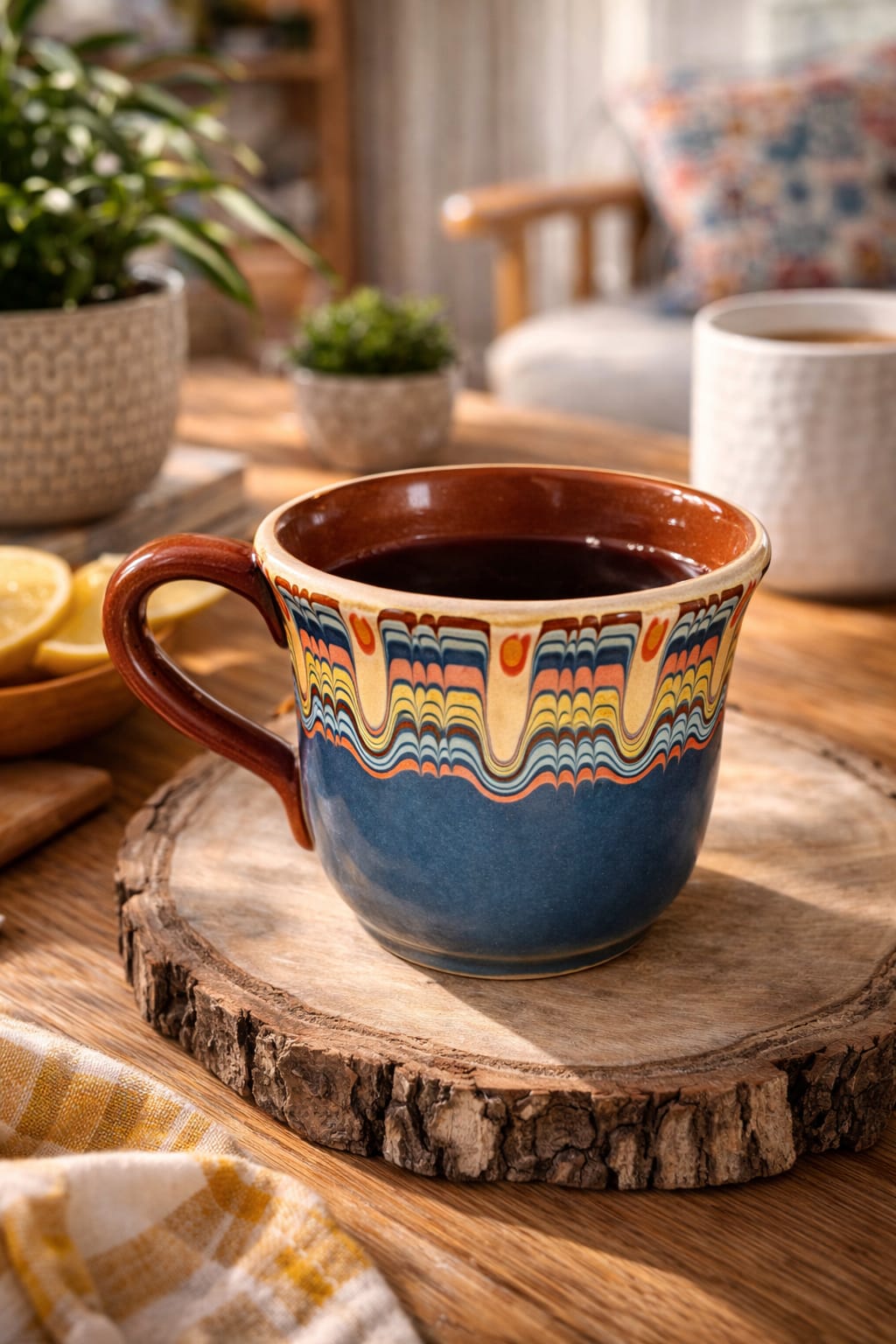 Hand-painted ceramic coffee mug with blue folk art brushstroke pattern on white body, 250ml