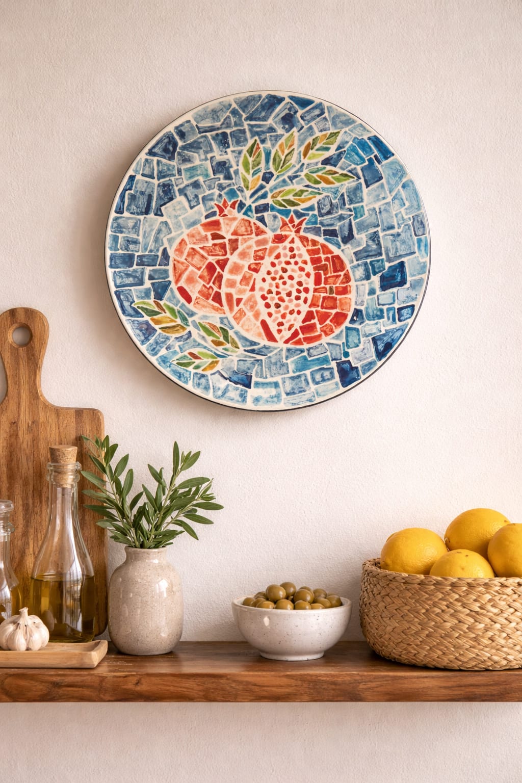 Ceramic plate with mosaic-style pomegranate design in red, blue, and green tones on a decorated background, 27cm