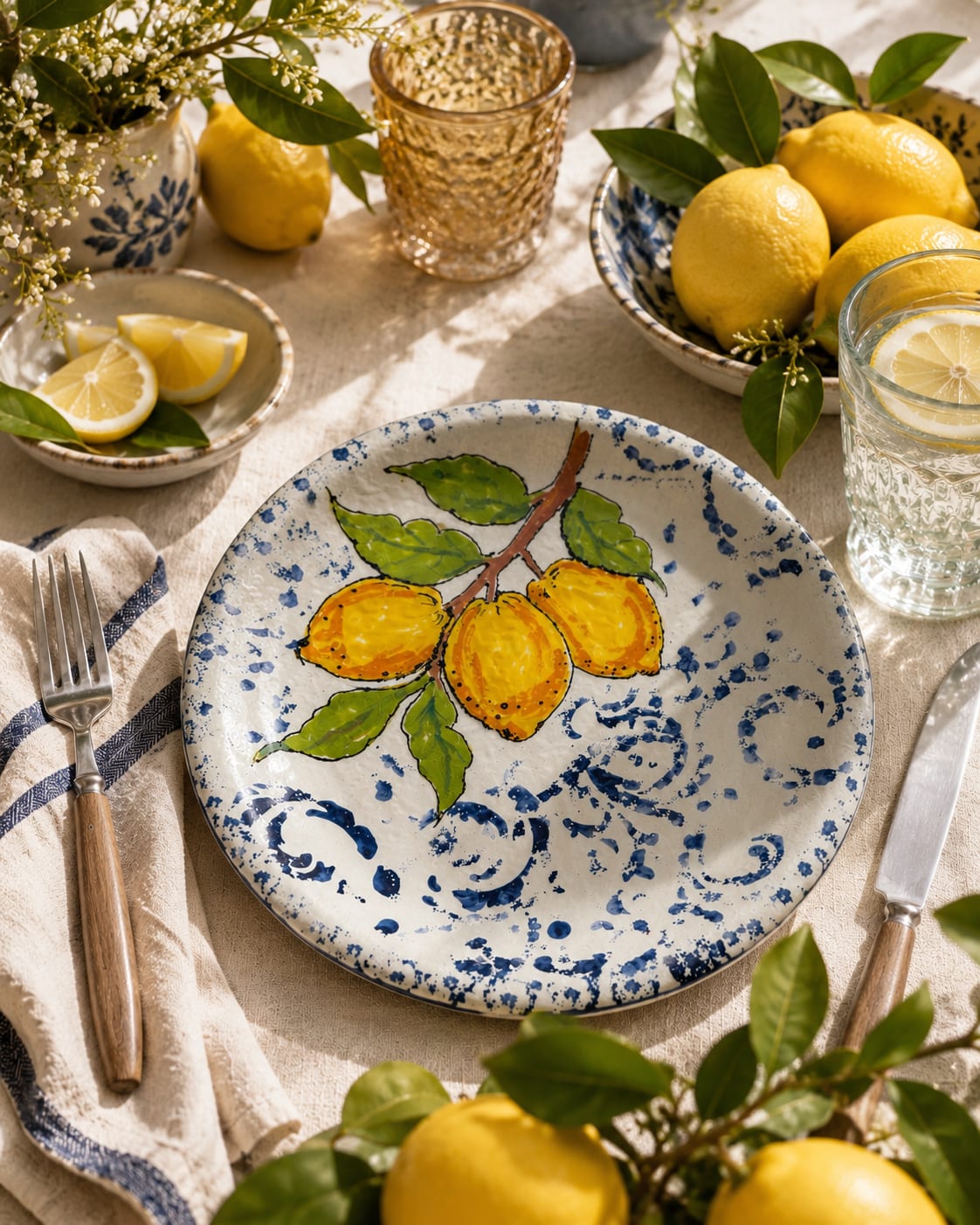 Hand-painted ceramic plate featuring yellow lemons on a leafy branch against a blue and white decorative background, 27cm diameter