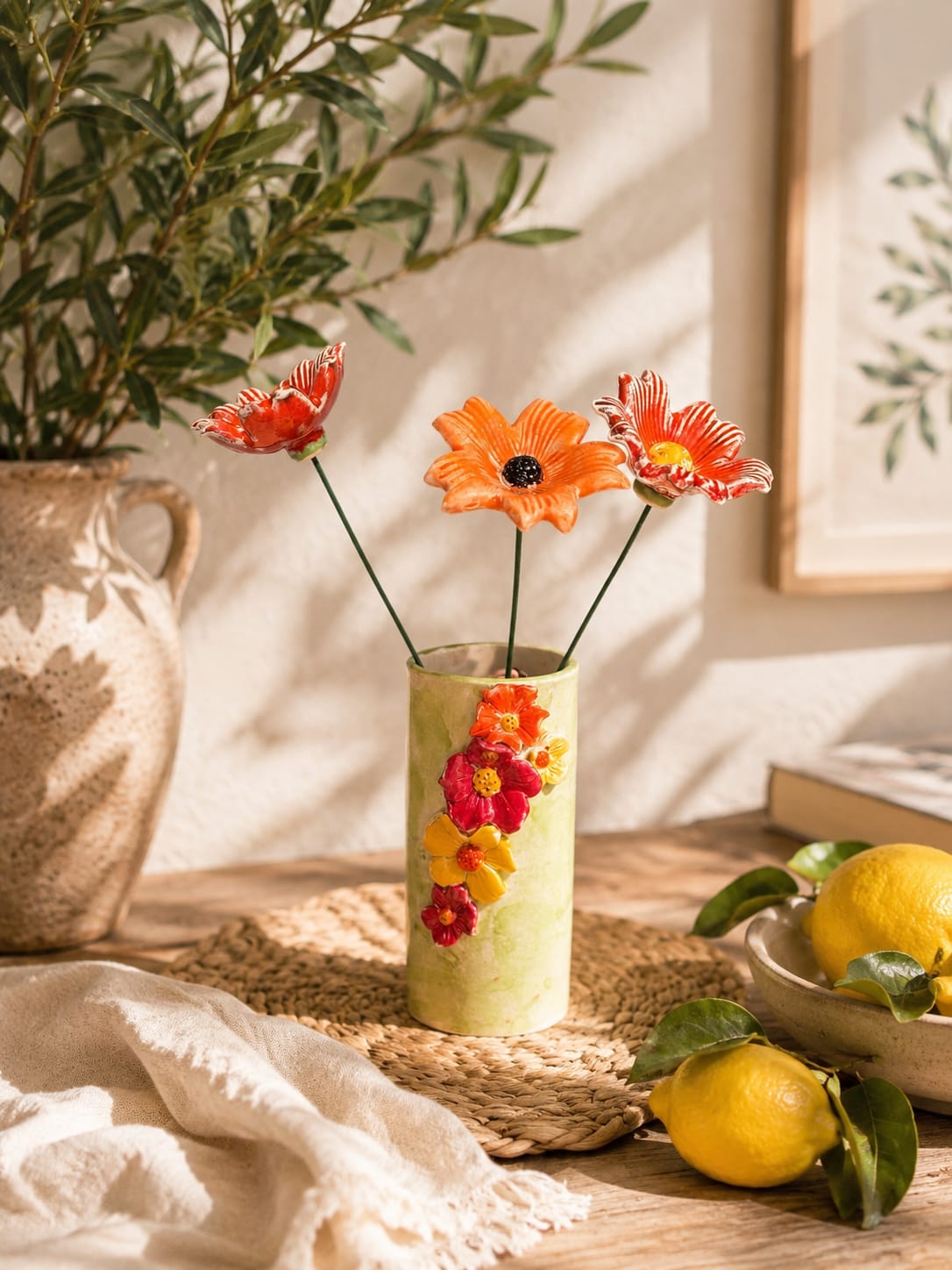 Green ceramic vase covered in colourful hand-sculpted flowers in red, orange, and yellow, 15cm tall