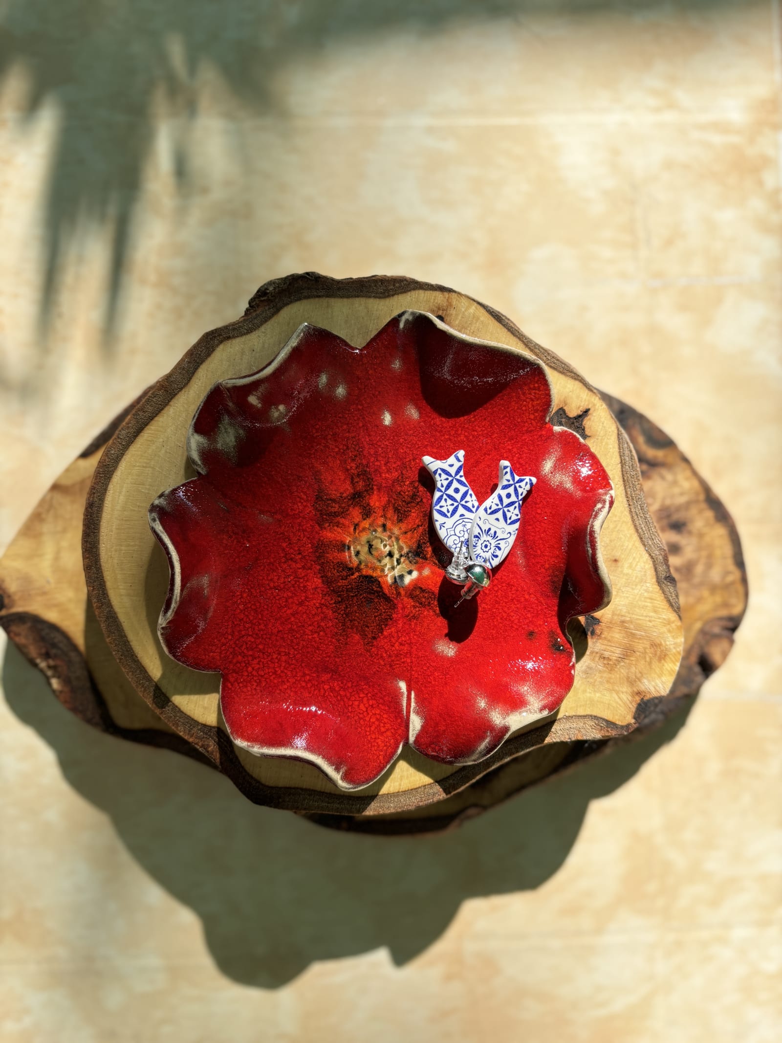 One-of-a-kind Red Flower Ceramic Trinket Dish